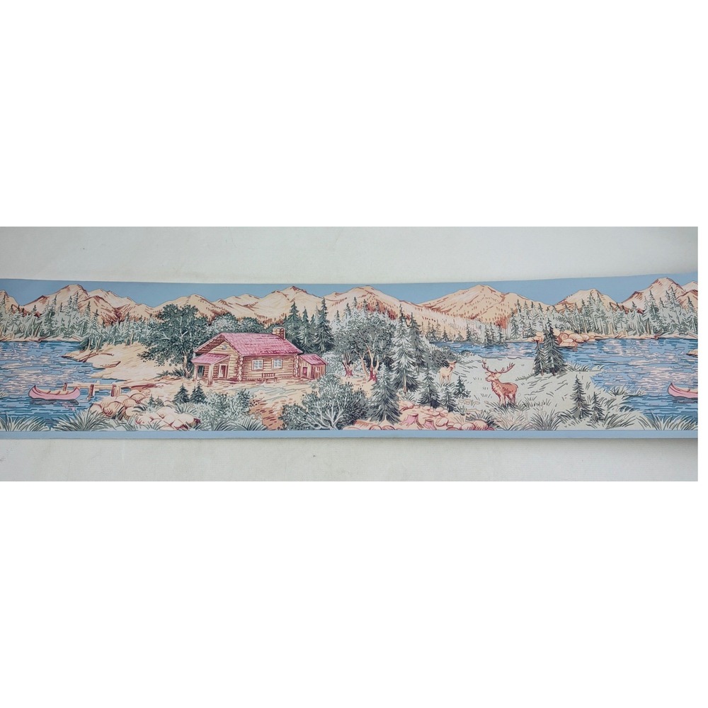 D.W. Wallcovering Rustic Cabin Mountain Lake Deer Canoe Border Pre-Pasted 4yd